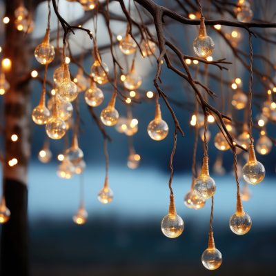 An imaginative and abstract background image for creative content showcasing glowing light bulbs sprouting from tree branches. Photorealistic illustration, Generative AI